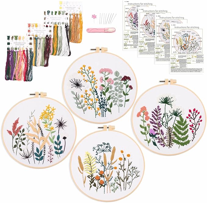 harimau 4pcs beginner embroidery kit,flower pattern,cross stitch kits, including stamped embroidery cloth with 2 embroidery hoops, multicolor color threads for embroidery kit