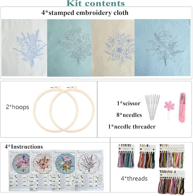 myfelicity embroidery kit, 4 flower pattern embroidery set with 4 patterns and 2 hoops, adult and beginner needlepoint kit with embroidery floss, needles, cotton fabric and instructions…