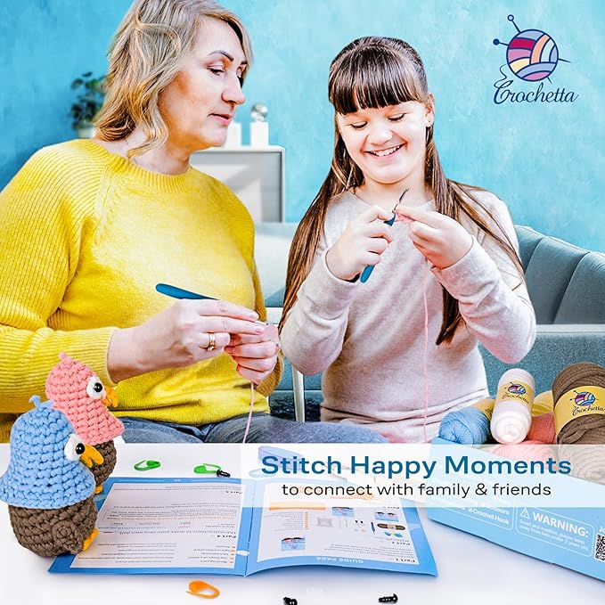 Crochetta Crochet Kit for Beginners, Crochet Kit w Step-by-Step Video Tutorials, Crochet Starter Kit Learn to Crochet Kits for Adults Kids Beginners, Jumbo 2 Penguins Familly (40%+ Yarn Content)