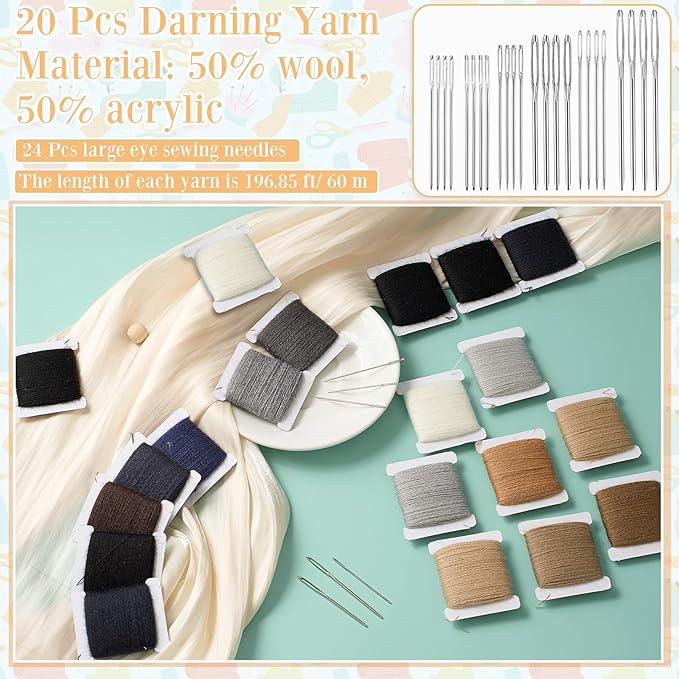 Jexine 20 Pcs Darning Thread 50% Wool 50% Acrylic Yarn 1200m Darning Kit with 24 Pcs Large Eye Sewing Needles for Clothes Socks Plush Toy Adults DIY Home Sewing Care, 60 Meters Per Yarn(Dark Color)