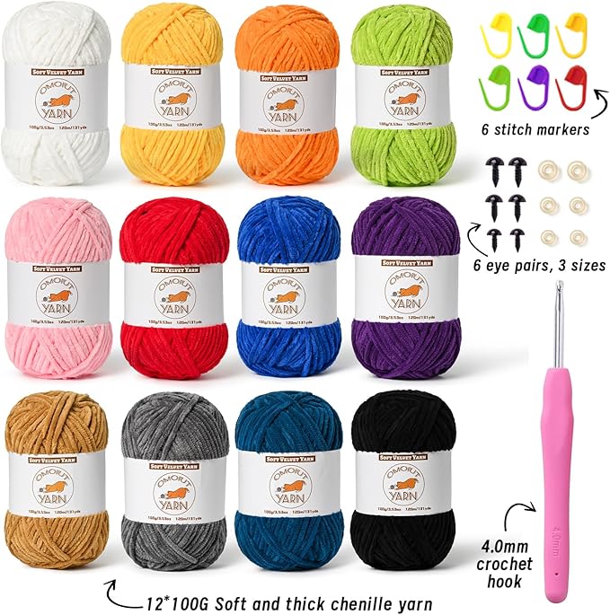 12 Skeins Fluffy Chenille Yarn for Crocheting, Soft Bulky Velvet Yarn for Knitting, Plush Baby Blanket Crochet Yarn, 1572 Yards Multicolor Amigurumi Yarn for Crafts Set B