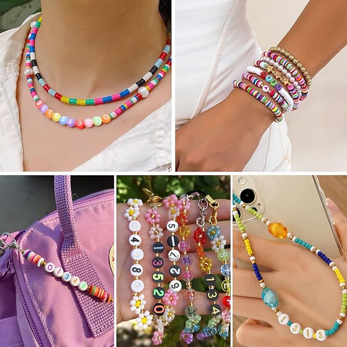 LAIDANLA 1000PCS Acrylic Number Beads White Number Colorful Round Bead 7×4mm for Jewelry Bracelets Necklaces Key Chains Making