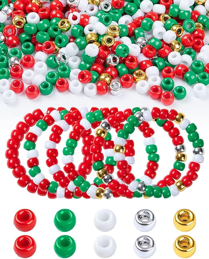 1000Pcs Christmas Pony Beads, Red and Green, White, Gold, Silver Colors, Plastic Kandi Beads for Bracelet Making, Hair Braids, Necklaces, Key Chains, Jewelry, Party