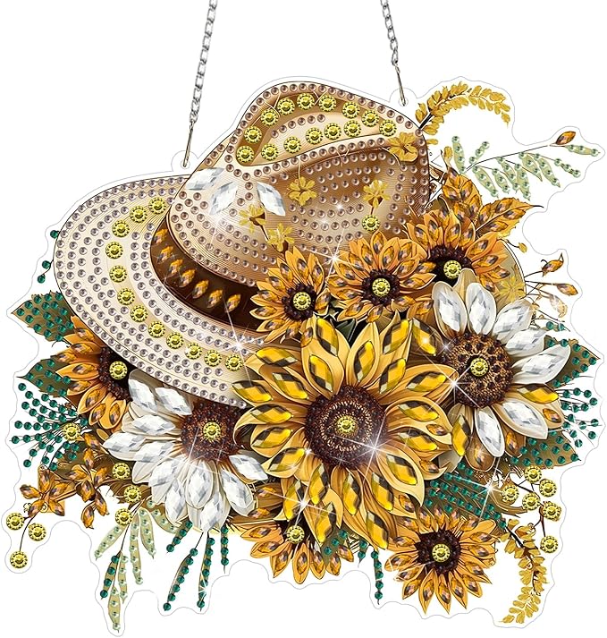 DOMROM Sunflower Diamond Art Hanging Kits for Adults Beginners, Special Shaped Crystal Diamond Painting Sunflower Pendant, DIY Diamond Art Suncatchers Flower for Home Garden Wall Decor Gift