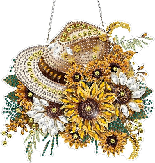 DOMROM Sunflower Diamond Art Hanging Kits for Adults Beginners, Special Shaped Crystal Diamond Painting Sunflower Pendant, DIY Diamond Art Suncatchers Flower for Home Garden Wall Decor Gift