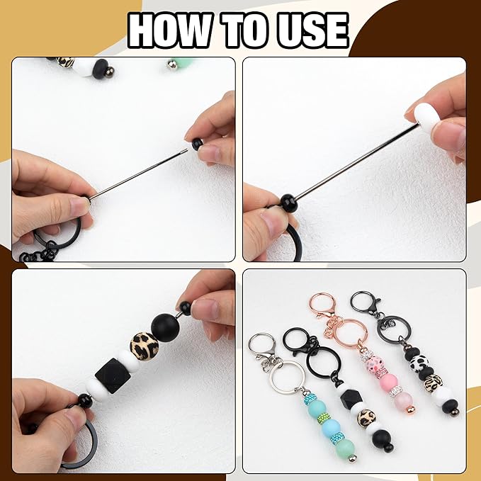 103pcs Beadable Keychains Set Bulk for Keychain Making Kit with Beadable Keychain Bar Silicone Beads Spacer Beads DIY Gifts for Women Men Crafts(Black)