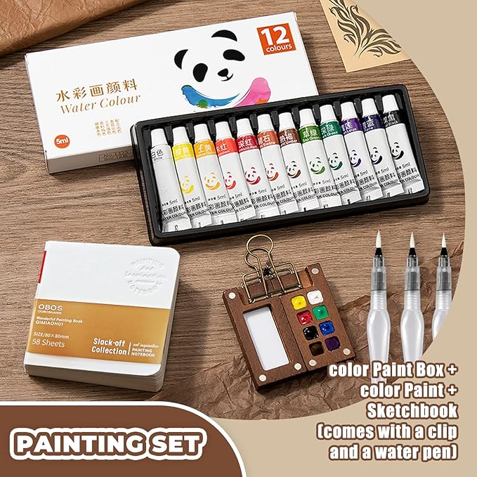 Mini Watercolor Paint Set Portable, Travel Grid Paint Palette Box with Binder Clips Include 24 Colours, Brush*3 and Picture Album Art Materials Coloring Markers for Travel, Creative Drawing Kit for Beginners and Art Enthusiasts