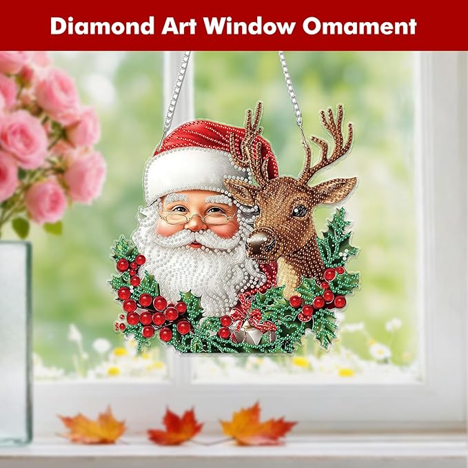 Miwixy Christmas Hanging Diamond Art Kits for Adults, Santa Claus Xmas Deer Special Shaped Diamond Painting Ornament Kit DIY Double-Sided Pattern Window Pendant Gem Art Kit Home Wall Decor