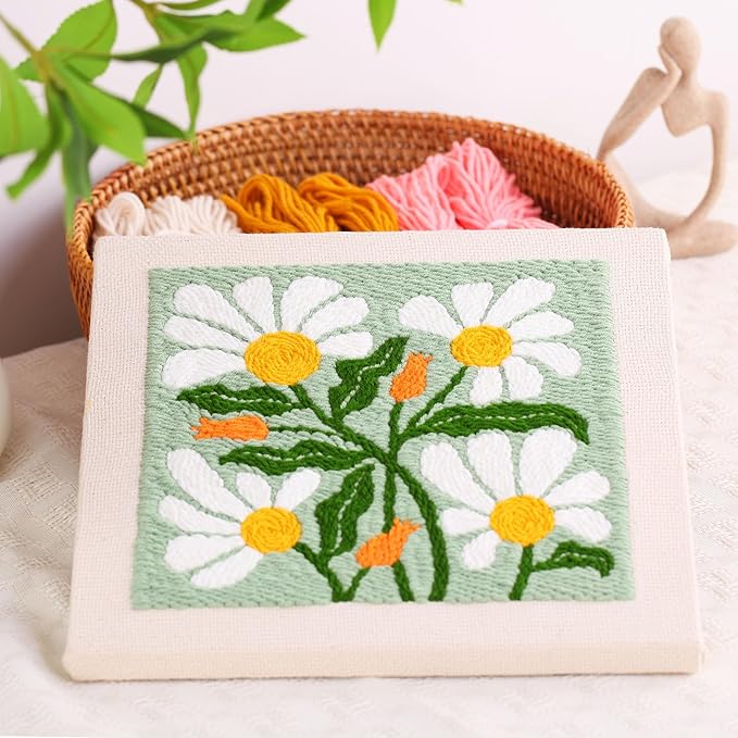 embroidery punch needle kit frame, embroidery starter kits for beginner kids,punch needle fabric with pattern,threader, yarns,embroidery hoops & rug punch(green)