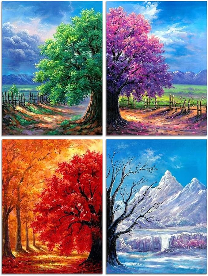 Muzagroo Art 4 Pack 5D Diamond Painting Kits for Adults DIY Diamond Art Kits 4 Seasons Trees Wall Art for Living Room Adults Crafts Diamond Dot Gem Art Kits for Beginners