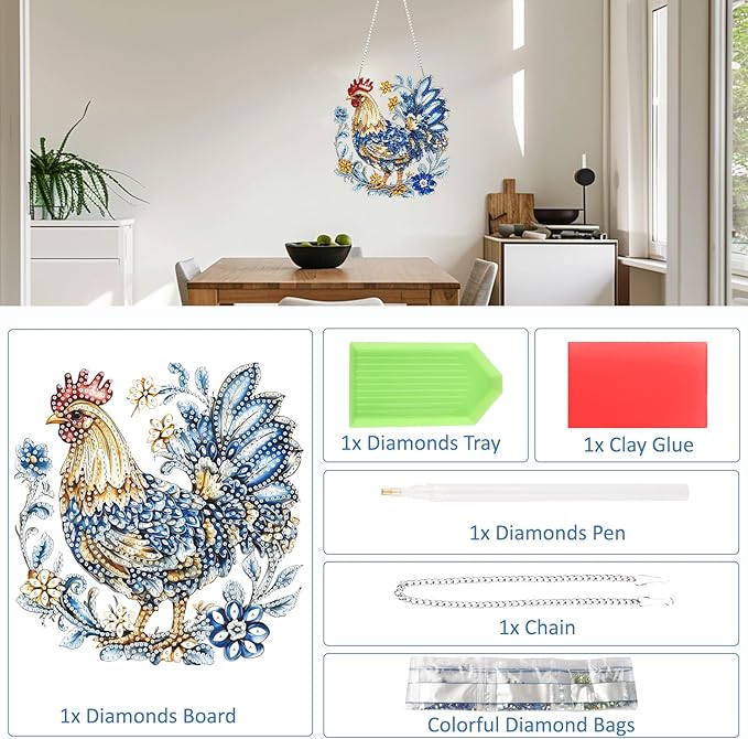 SENQAO DIY Acrylic Diamond Art Painting Chicken Kits Special Shaped Rhinestone Diamond Art Window Pendants Home Garden Wall Hanging Kits Hanging Ornament
