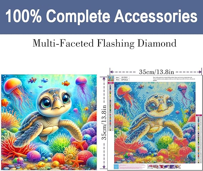 ijbnhd Cute Turtle Diamond Painting Kit for Adults, Sea Turtle Diamond Art Kits for Beginners, Full Drill Round Gem Art Diamond Painting for Home Wall Decor Gift 14x14inch
