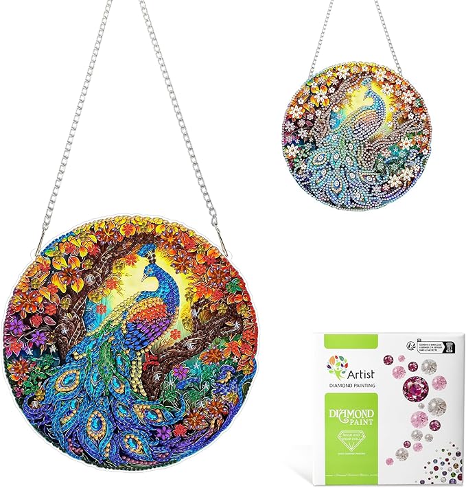 MAXBYE Hanging Diamond Art Painting Kits for Adults Beginners Peacock Animal, DIY 5D Special Shaped Crystal Painting Diamond Kits Hanging Ornament for Gift Home Wall Door Decor