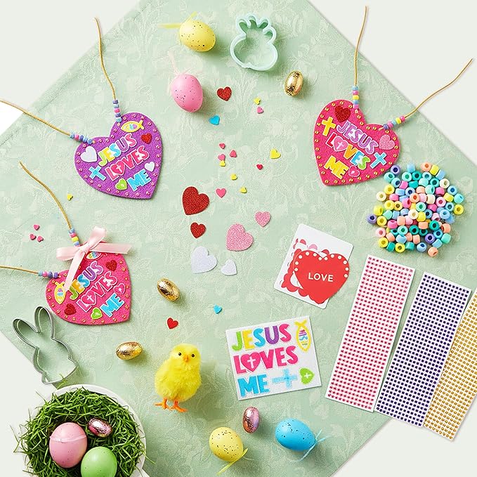 BeYumi Easter Necklace Craft Kit - 24Pcs Easter Christian Heart Felt Jesus Loves Me Necklace Making Kits With Gem Sticker DIY Religious Craft for Kids Sunday School Classroom Activity Gift Party Favor