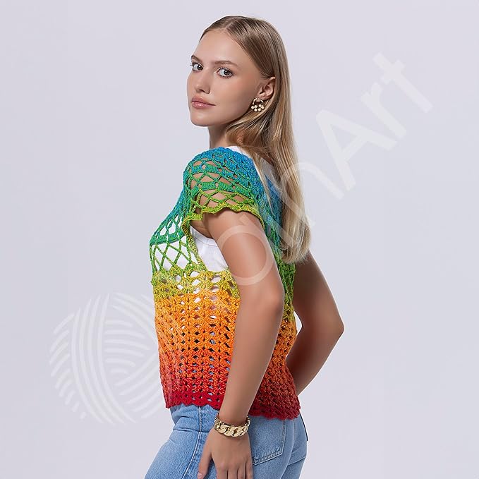 Yarn Art Bouquet Pure Cotton Yarn - 546 yds 8.80 Oz Multicolor Marbled Cotton Yarn - Rainbow Crochet for All Season Projects -%100 Cotton Fine(3) - Yarn (1 Skein) (708)