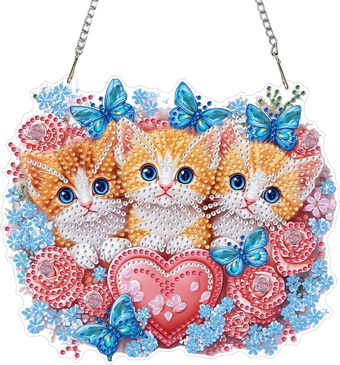 KEYIFA Cats Diamond Painting Kit, DIY Rose Diamond Art for Adults, Diamonds Pendant Special Shaped Rhinestone Window Hanging Ornaments Home Garden Wall Door Decoration, 20cm Width