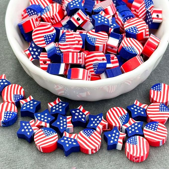 100Pcs America Flag Polymer Clay Loose Spacer Beads, Mixed Color Cute Beads Charms for DIY Hair Clip Necklace Bracelet Jewelry Earring Handmade Craft Making Supplie
