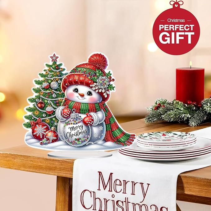 Christmas DIY Diamond Desktop Ornament, Double Sided Special Shaped Diamonds Art Kits, 5D Tabletop Ornaments for Adult Beginner Home Office Decor Crafts Gift (Snowman 02)