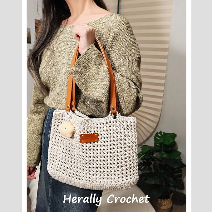 Herally Crochet Kit DIY Bag for Beginners - Include Yarn, Hook and Accessory - with Step by Step Video Tutorials - Crochet Tote Bag Beige