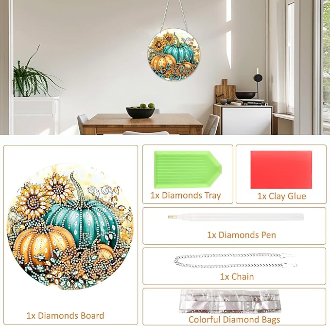 SENQAO Pumpkin Fall Diamond Art Hanging Kits for Adults Kids, Acrylic Diamonds Painting Pendant Board Kits Flower, Diamond Art Painting Window Pendants Home Garden Wall Hanging Kits Hanging Ornament