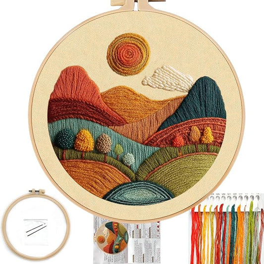 FONNUY Embroidery Kit for Beginners, Textured Vibrant Nature Landscape Pre-Stamped Pattern Kits for Adults with Hoop, Easy to Follow Color Thread Needlework, 8'' Hoop (Red 2)
