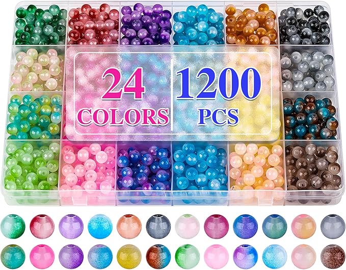 XSEINO About 1200+ PCS 6mm Double Colors Style Glass Beads Bracelet Making Kit,24 Assorted Double Colors Series Crystal Beads for Jewelry Making and DIY Crafts, Friendship Bracelets
