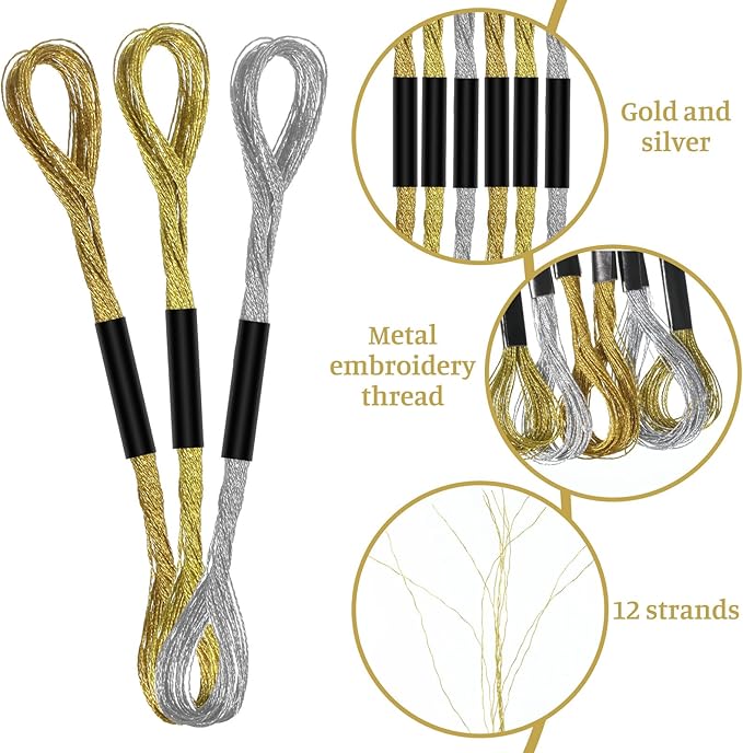 6 Skeins Metallic Embroidery Thread Polyester Cross Stitch Floss Hand Embroidery String for Sewing Making Yarn Accessories Craft String Art Supplies, Gold+Yellow+Silver