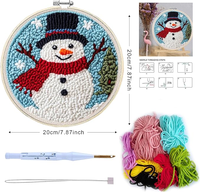 QBQBQ 4 Sets Christmas Punch Needle Kits Adults Beginner, Christmas Embroidery Kit with Printed Pattern and Bamboo Hoop, Festival Gift and Decoration