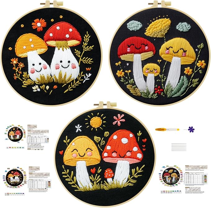 57lilina embroidery kit for beginners, pack of 3 with hoops, threads, needles - starter cross stitch supplies for adults, gift for relaxation craft lovers, mushroom theme