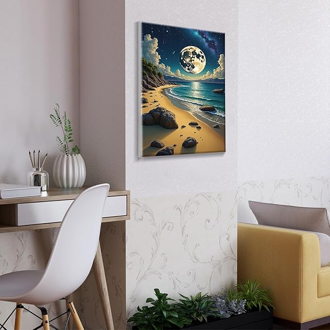 ATDMS Paint by Numbers Kit for Adults with Frame Moon Paint by Number with Easel Beach Adult Paint by Number Kits Framed Canvas DIY Moonlight Acrylic Oil Painting Kits for Home Wall Decor 8x12 Inch