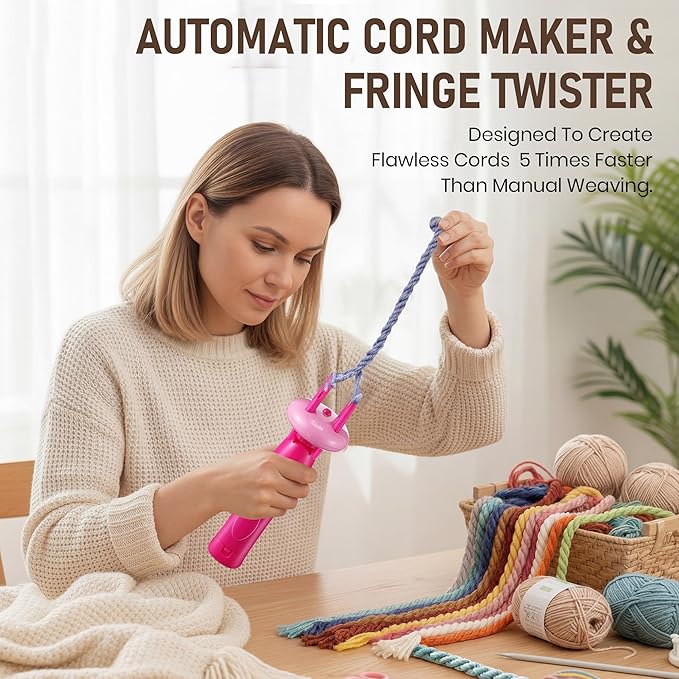 Gulfmew Portable Cord Maker & Fringe Twister, Handheld Yarn Crafting Tool for DIY Macrame & Knotting, Lightweight & Beginner-Friendly, Twisting Tassels in Seconds for Scarves(Pink)