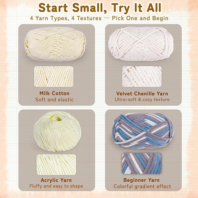Reessy Crochet Yarn Kit for Beginners – 4 Yarns Sampler Pack (Acrylic, Cotton, Velvet Chenille, Beginner Yarn) with Hooks & Accessories – All-in-One Crochet Starter Kit for Beginners Adults (B)
