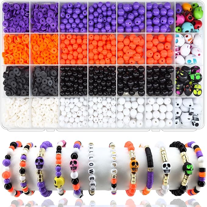 2480Pcs Halloween Beads for Jewelry Making, Halloween Bracelet Making Kit Skull Beads Polymer Clay Beads Heishi Beads 6mm 8mm Black White Orange Purple Round Beads for Bracelets Necklace Charm