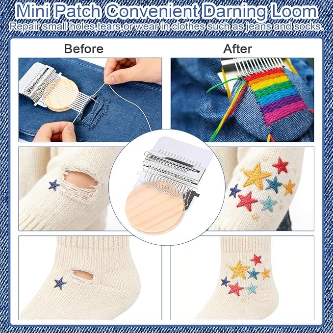 Mini Darning, Knit Patch Kit for Beginners, Wooden Weaving Tool with Stainless Steel Needles, Portable Darning Looms Kit for Quickly Mending eans Clothes Tapestries Carpets Scarves (14 Hooks)