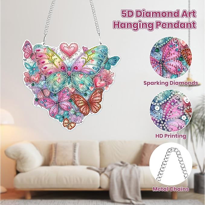 MOGTAA Butterfly Diamond Art Hanging Pendant Kits, 5D Special Shape Diamond Art Kits for Adults, Crystal Rhinestones Animal Diamond Painting Gem Art for Home Garden Wall Decor
