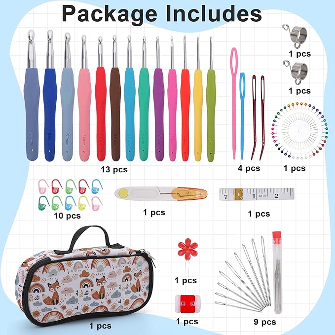 Crochetbox Crochet Hooks Set, 13 Size 2mm(B)-10mm(P) Ergonomic Handles Crochet Hooks with Case for Arthritic Hands, Kintting Needle with Crocheting Tool for Crocheters