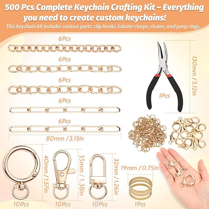 500Pcs Charms Lip Gloss Keychain Making Kit, DIY Craft Supplies with Charms, Key Chain Hooks, Jump Rings, Lobster Clasps, Chains & Tools, Jewelry Making Kit for Custom Keychains, Valentines Gifts