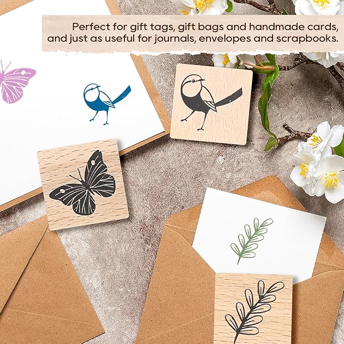 UCEC 9 Pack Vintage Wood Rubber Stamps for Crafting, Flower Butterfly Plant Bird Ladybird Dragonflies Honeybee Nature Stamps for Card Making & Scrapbooking, Floral Stamp for Painting Journaling DIY