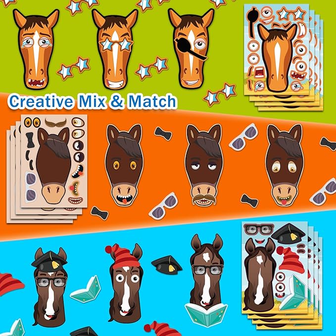 aowplc 48 pcs make a horse sticker sheets mix and match for kids horse party favors supplies birthday gifts activity crafts