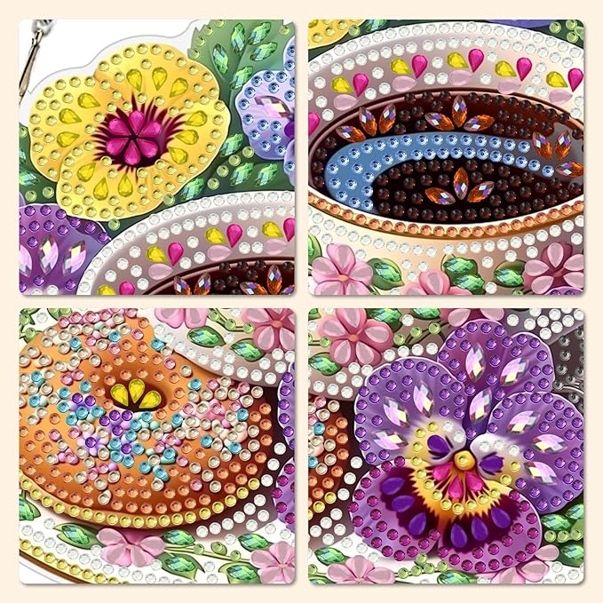 MXJSUA Pansies Flowers Coffee Diamond Painting Art Window Suncatchers, Diamond Art Kits for Adults Hanging Ornaments with Chain, 5D Special Shape Crystal Diamond Pendant Accessories for Decor Gift