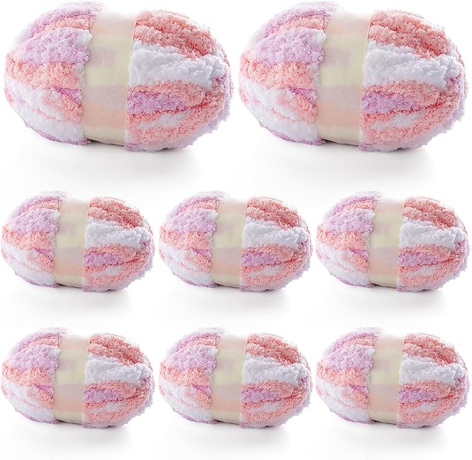 8 Pcs Chunky Yarn for Hand Knitting - Chunky Chenille Yarn for Crocheting - Fluffy Yarn for Crochet - Jumbo Yarn for Hand Knitting 200 yds 61.6 oz of Super Bulky Yarn (Pink-Purple-White)