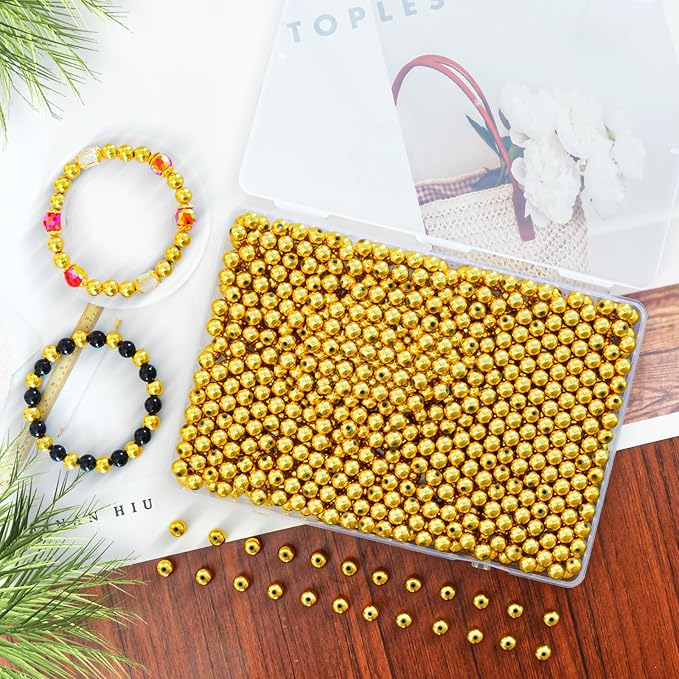 Laopottbeads 800 Pcs Gold 8MM Beads for Jewelry Making Round Beads DIY Kit for Bracelets, Earrings, Necklaces & Anklets