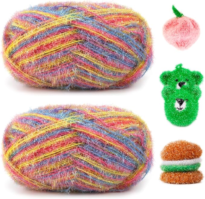 JeogYong Scrubby Yarn 2 Skeins (2 x 100g, 2 x 218yd) Scrubby Sparkle Yarn, Fluffy Polyester Scrubbie Crochet String for Crocheting Knitting Dishcloths Washcloths DIY Projects