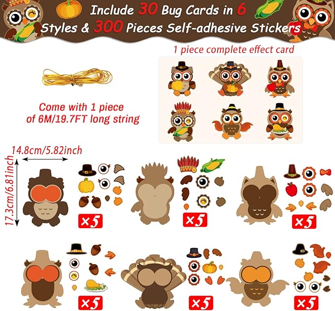 30Pcs Thanksgiving Craft Kits DIY Owl Craft, Thanksgiving Fall Art Craft Make Your Own Card Sticker Set for Home Game Activities