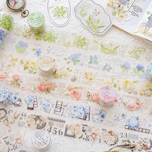 PET Tape Stickers for Journaling 6 Rolls Flower Washi Tape Stickers Decorative Tape for Crafts Scrapbooking Junk Journal Supplies, Flower Letters