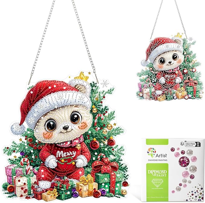 MAXBYE Christmas Diamond Art Kit for Adults, Cute Bear Acrylic Diamonds Painting Hanging Pendant Kit, 5D DIY Gem Art Kit for Home Wall Decor Gift