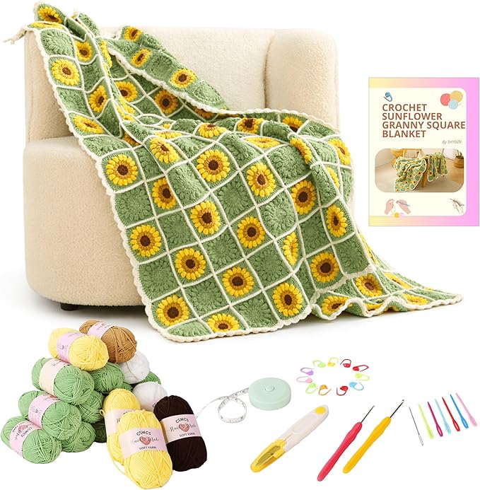 CSWCS Crochet Blanket Kit for Beginners, Sunflower Granny Square Crochet Blanket Kit for Adults, Easy Learn How to Knitting with Yarn Accessories Book & Video Tutorials for Starter (47" x 39")