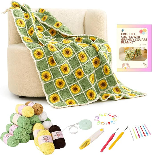 CSWCS Crochet Blanket Kit for Beginners, Sunflower Granny Square Crochet Blanket Kit for Adults, Easy Learn How to Knitting with Yarn Accessories Book & Video Tutorials for Starter (47" x 39")