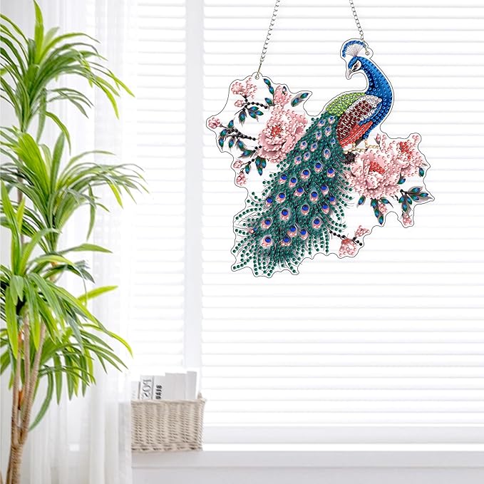 Lxmsja DIY Peacock On Branch Diamond Painting Hanging Ornament, Double-Sided Acrylic Pink Flowers Diamond Art Kit, Special Shaped Suncatcher Hanging Pendant Window Art Kit 7x8 inch