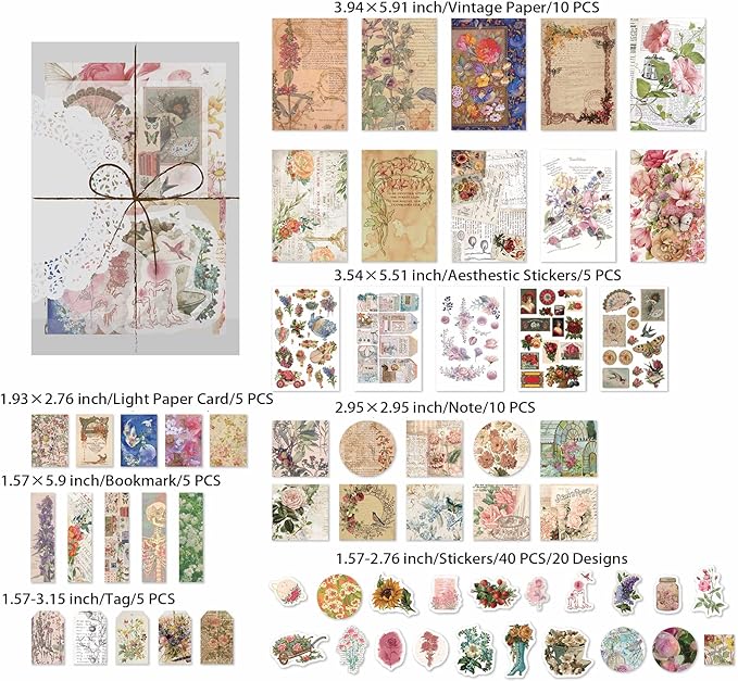 Vintage Scrapbooking Supplies Kit Vintage Stickers for Scrapbooking Journaling Aesthetic Paper Stickers Material Ephemera Pack for Junk Journal Bullet Journals Planners Notebooks（83 Pieces）